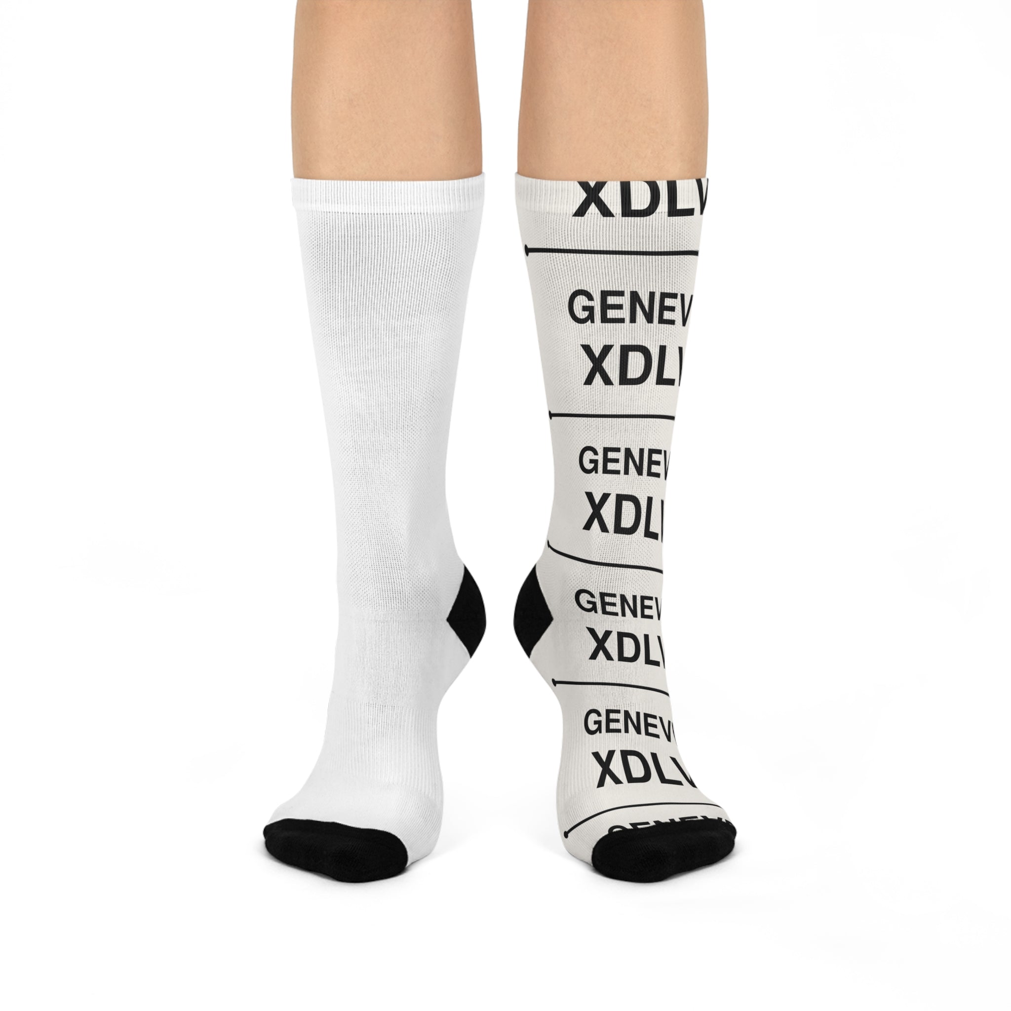 Crew Socks — Repeating "GENEVE XDLV" Monochrome Cushioned Athletic Socks