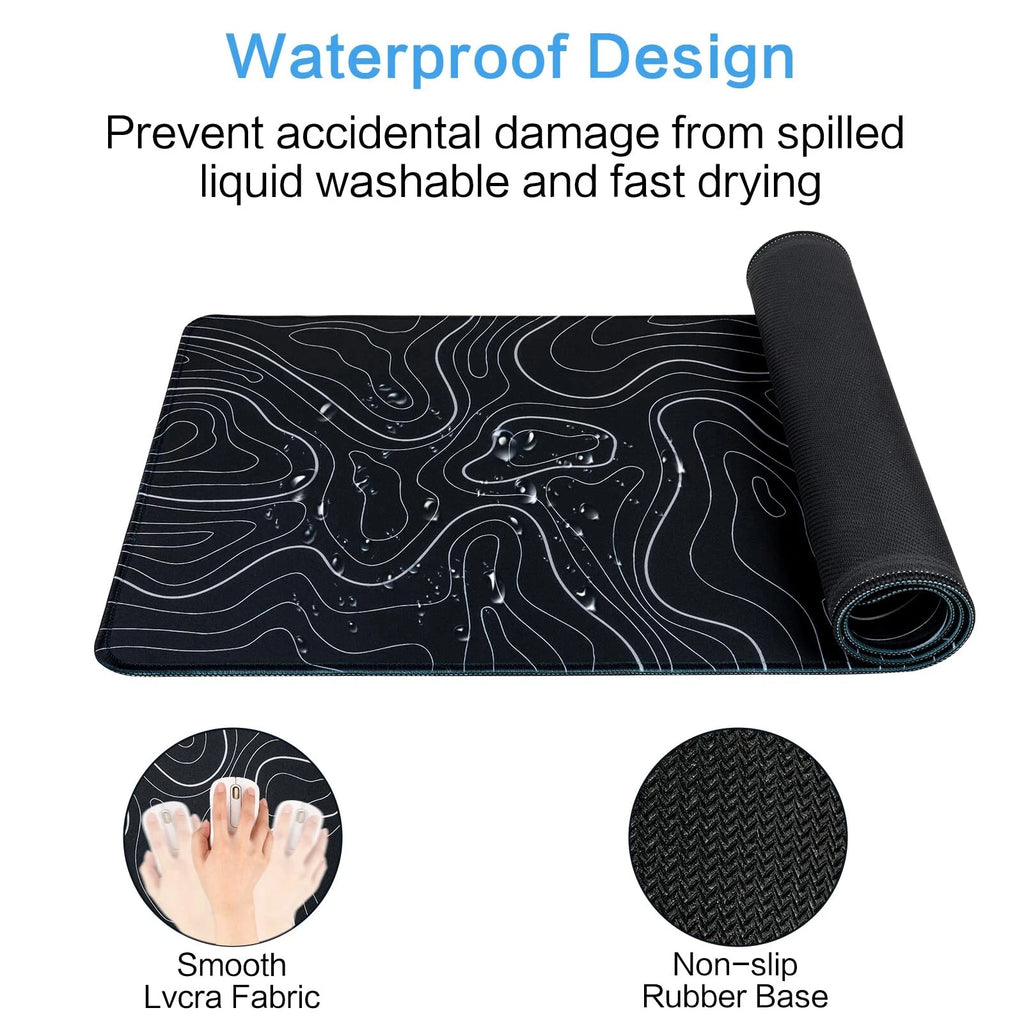 Gaming Mouse Pad - Large Size Topographic Keyboard Mousepad for Non-Slip Base and Stitched Edge, Extended Desk Pad XL Des