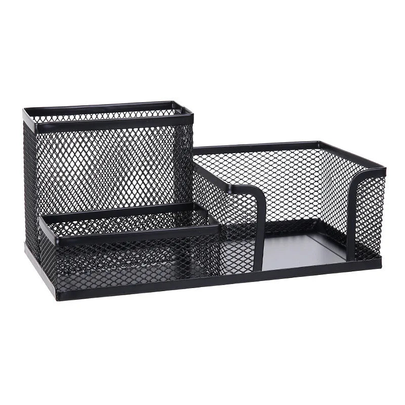 Mesh Desk Organizer Office Supplies Caddy with Pencil Holder and Storage Baskets for Desktop Accessories, 3 Compartments, Black