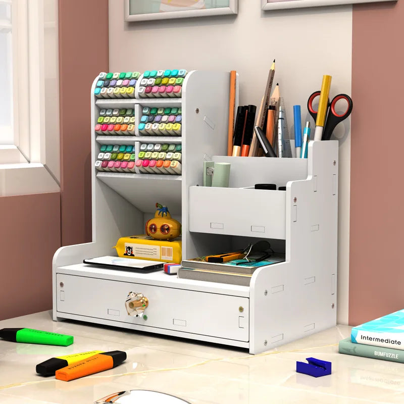 Desk Organizer with Drawer, Multi-Compartment White Desktop Storage Box for Stationery, Markers, Pens, Office Supplies, Home Sch