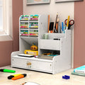 Desk Organizer with Drawer, Multi-Compartment White Desktop Storage Box for Stationery, Markers, Pens, Office Supplies, Home Sch