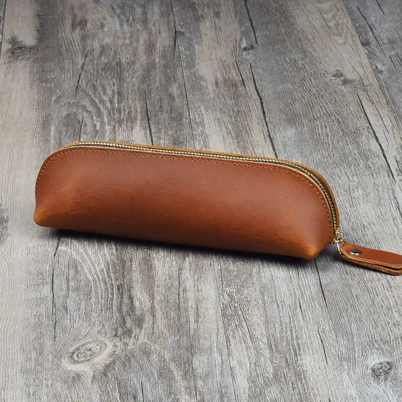 Vintage Leather Pencil Bag Simple Stationery Hoder Pen Case Storage Bag Zipper Pencil Pouch Glasses Box School Supplies