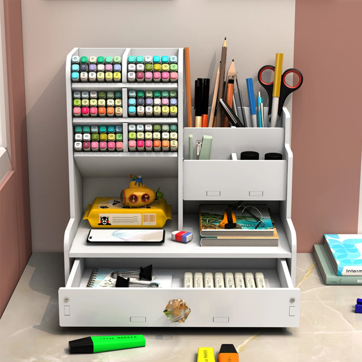 Desk Organizer with Drawer, Multi-Compartment White Desktop Storage Box for Stationery, Markers, Pens, Office Supplies, Home Sch