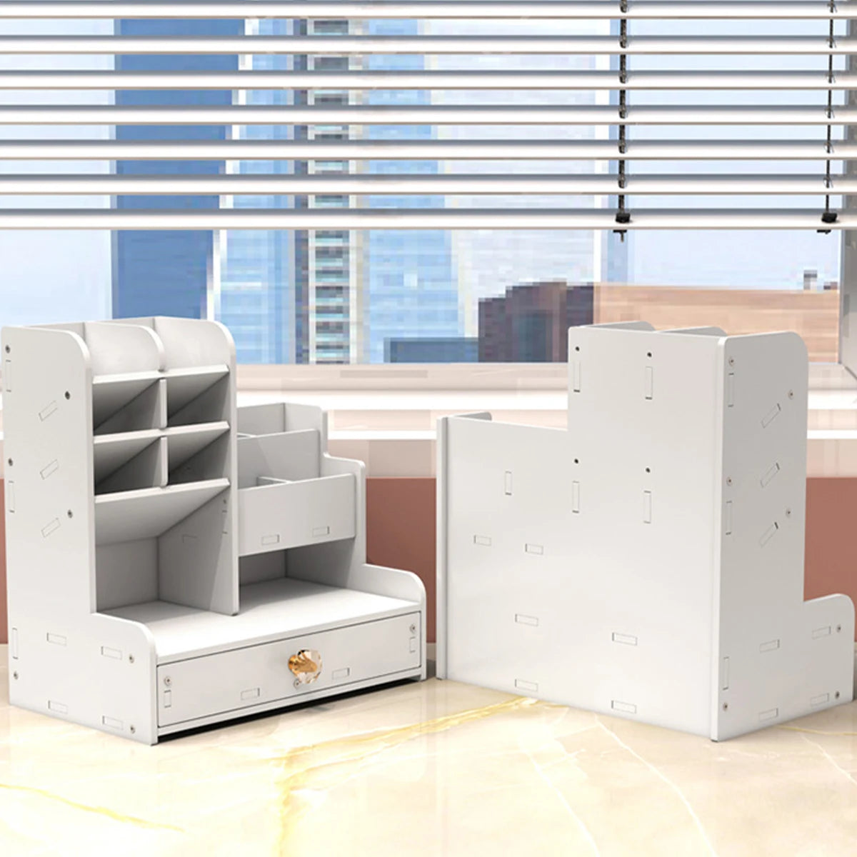 Desk Organizer with Drawer, Multi-Compartment White Desktop Storage Box for Stationery, Markers, Pens, Office Supplies, Home Sch