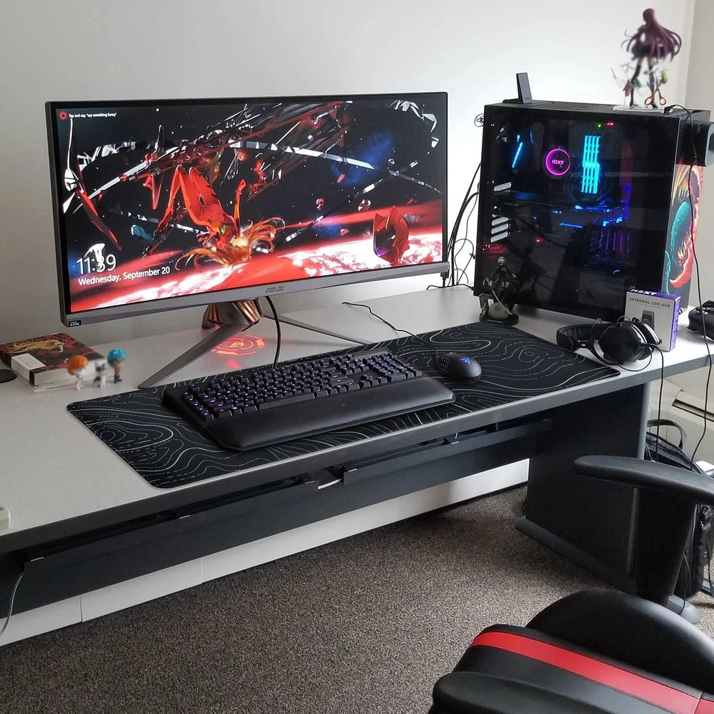 Gaming Mouse Pad - Large Size Topographic Keyboard Mousepad for Non-Slip Base and Stitched Edge, Extended Desk Pad XL Des