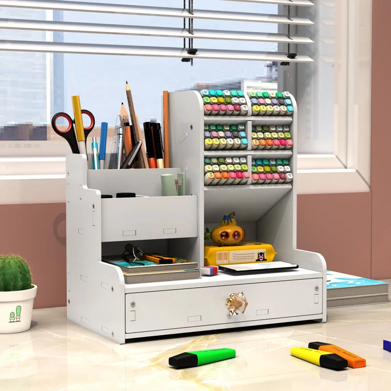 Desk Organizer with Drawer, Multi-Compartment White Desktop Storage Box for Stationery, Markers, Pens, Office Supplies, Home Sch