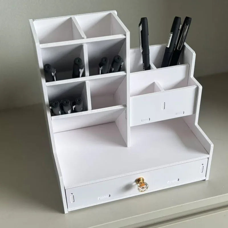 Desk Organizer with Drawer, Multi-Compartment White Desktop Storage Box for Stationery, Markers, Pens, Office Supplies, Home Sch