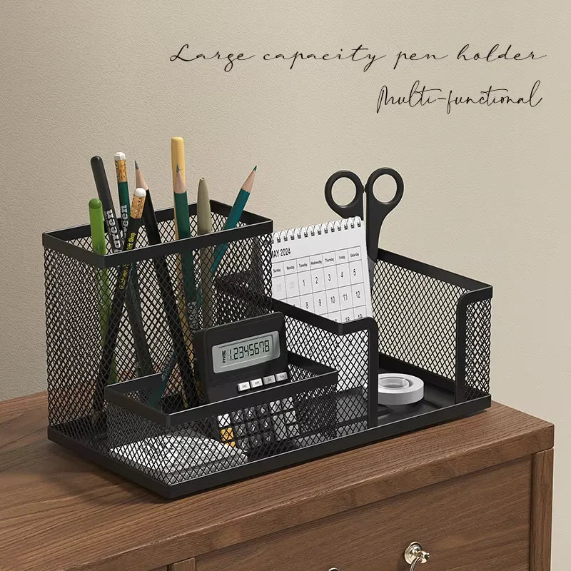 Mesh Desk Organizer Office Supplies Caddy with Pencil Holder and Storage Baskets for Desktop Accessories, 3 Compartments, Black
