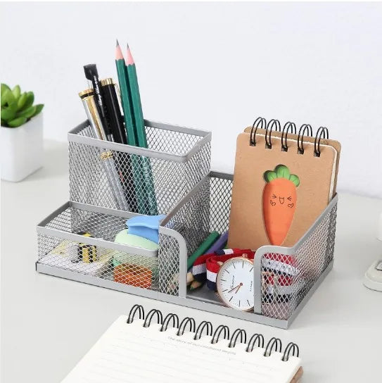 Mesh Desk Organizer Office Supplies Caddy with Pencil Holder and Storage Baskets for Desktop Accessories, 3 Compartments, Black