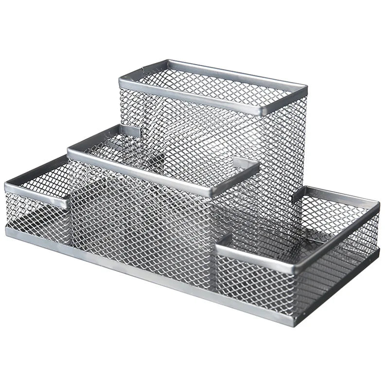 Mesh Desk Organizer Office Supplies Caddy with Pencil Holder and Storage Baskets for Desktop Accessories, 3 Compartments, Black