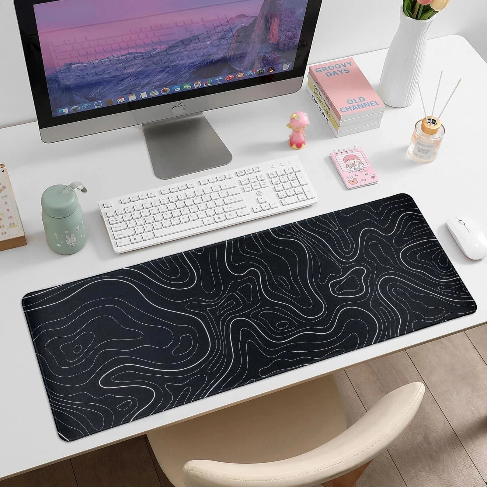 Gaming Mouse Pad - Large Size Topographic Keyboard Mousepad for Non-Slip Base and Stitched Edge, Extended Desk Pad XL Des
