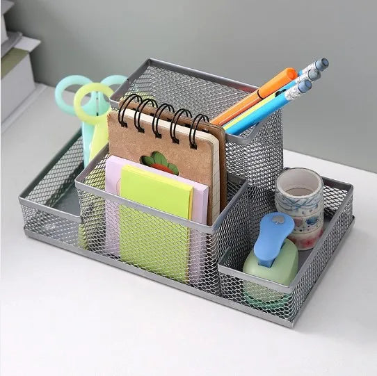 Mesh Desk Organizer Office Supplies Caddy with Pencil Holder and Storage Baskets for Desktop Accessories, 3 Compartments, Black