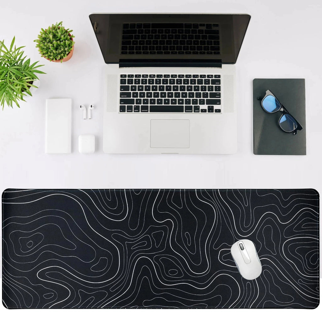 Gaming Mouse Pad - Large Size Topographic Keyboard Mousepad for Non-Slip Base and Stitched Edge, Extended Desk Pad XL Des