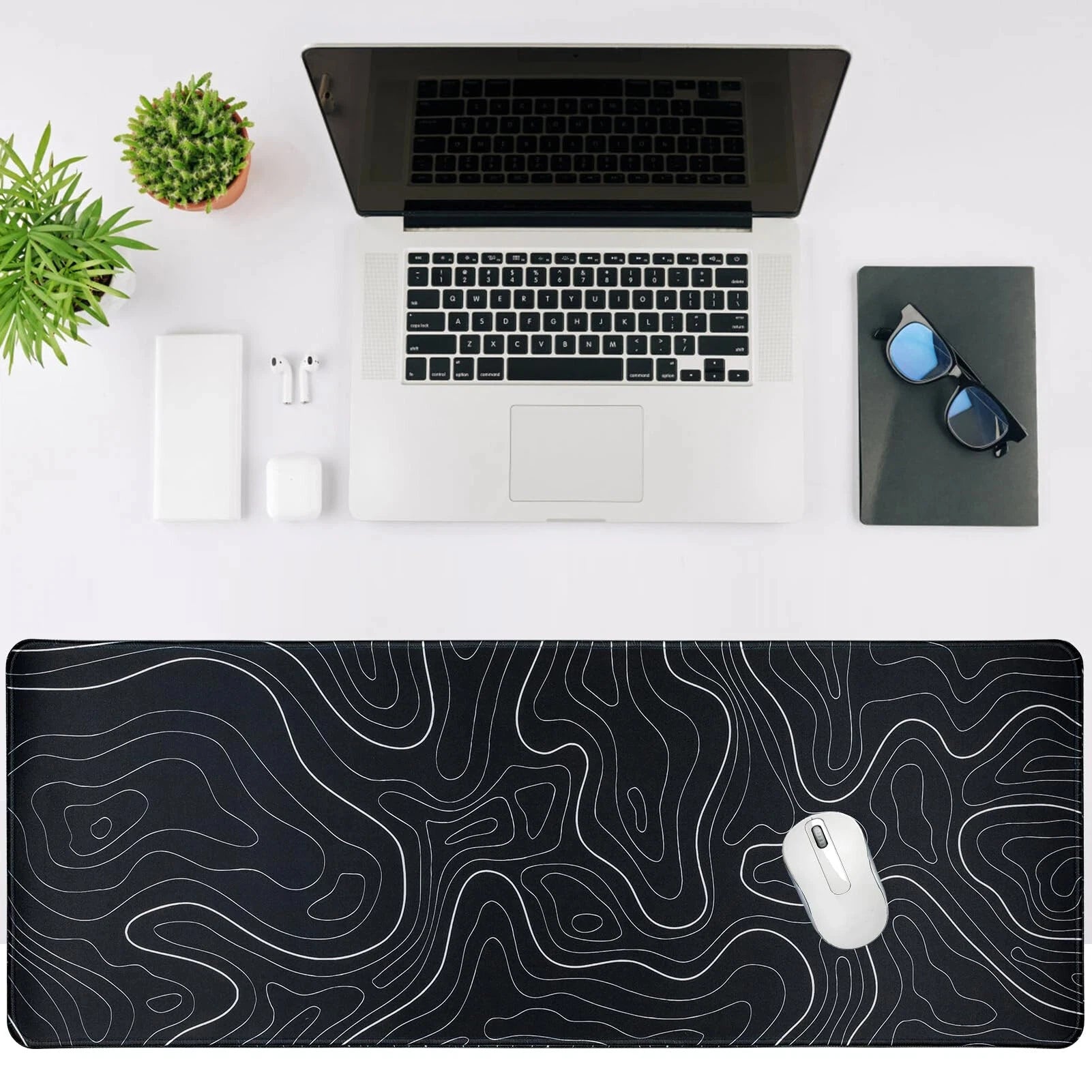 Gaming Mouse Pad - Large Size Topographic Keyboard Mousepad for Non-Slip Base and Stitched Edge, Extended Desk Pad XL Des