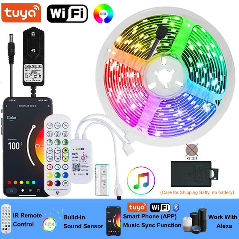 Led Lights For Room Smart Bluetooth Wi-Fi APP Control 5050 RGB LED Strip 12V Adhesive Back Lighting For Home Decorations