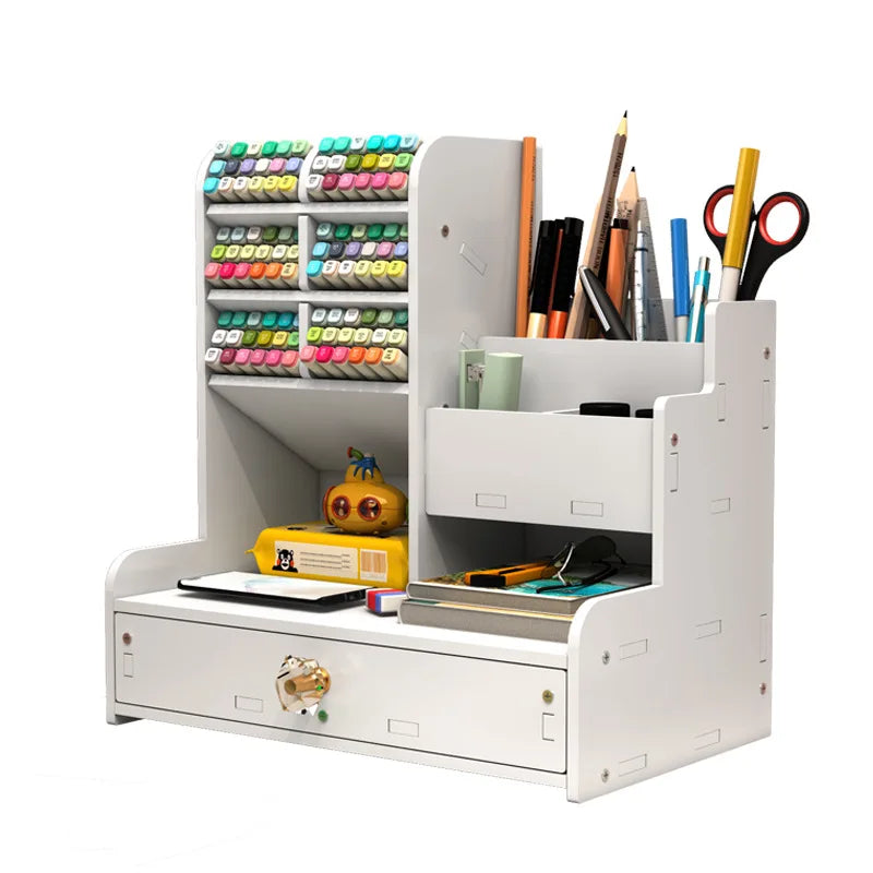 Desk Organizer with Drawer, Multi-Compartment White Desktop Storage Box for Stationery, Markers, Pens, Office Supplies, Home Sch