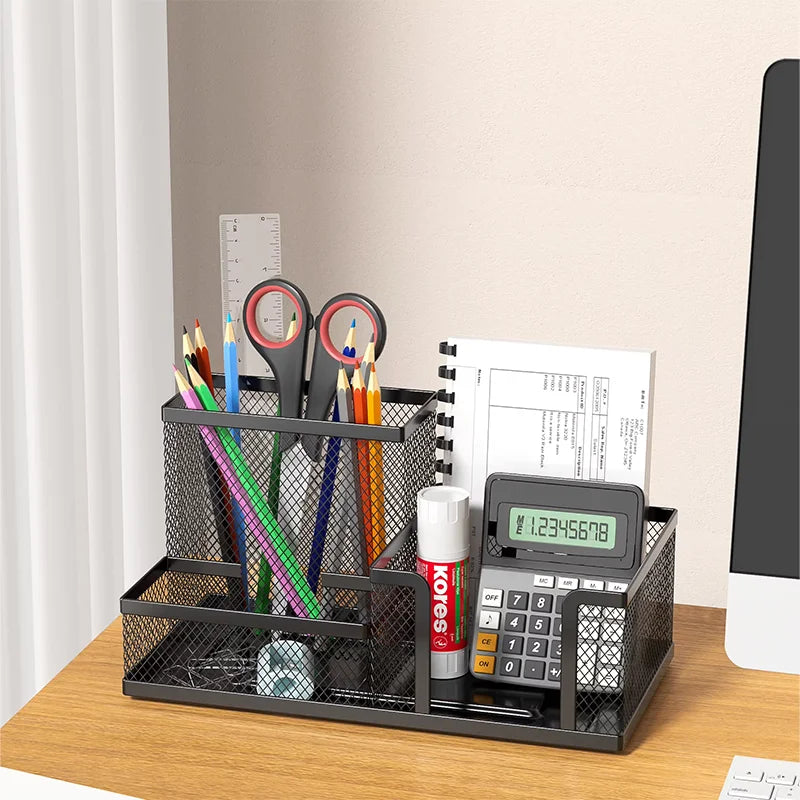 Mesh Desk Organizer Office Supplies Caddy with Pencil Holder and Storage Baskets for Desktop Accessories, 3 Compartments, Black