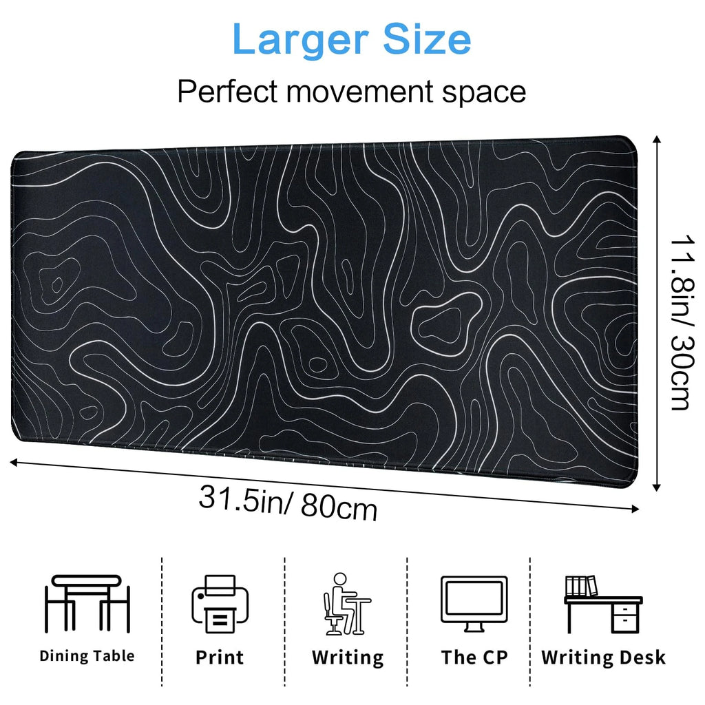 Gaming Mouse Pad - Large Size Topographic Keyboard Mousepad for Non-Slip Base and Stitched Edge, Extended Desk Pad XL Des