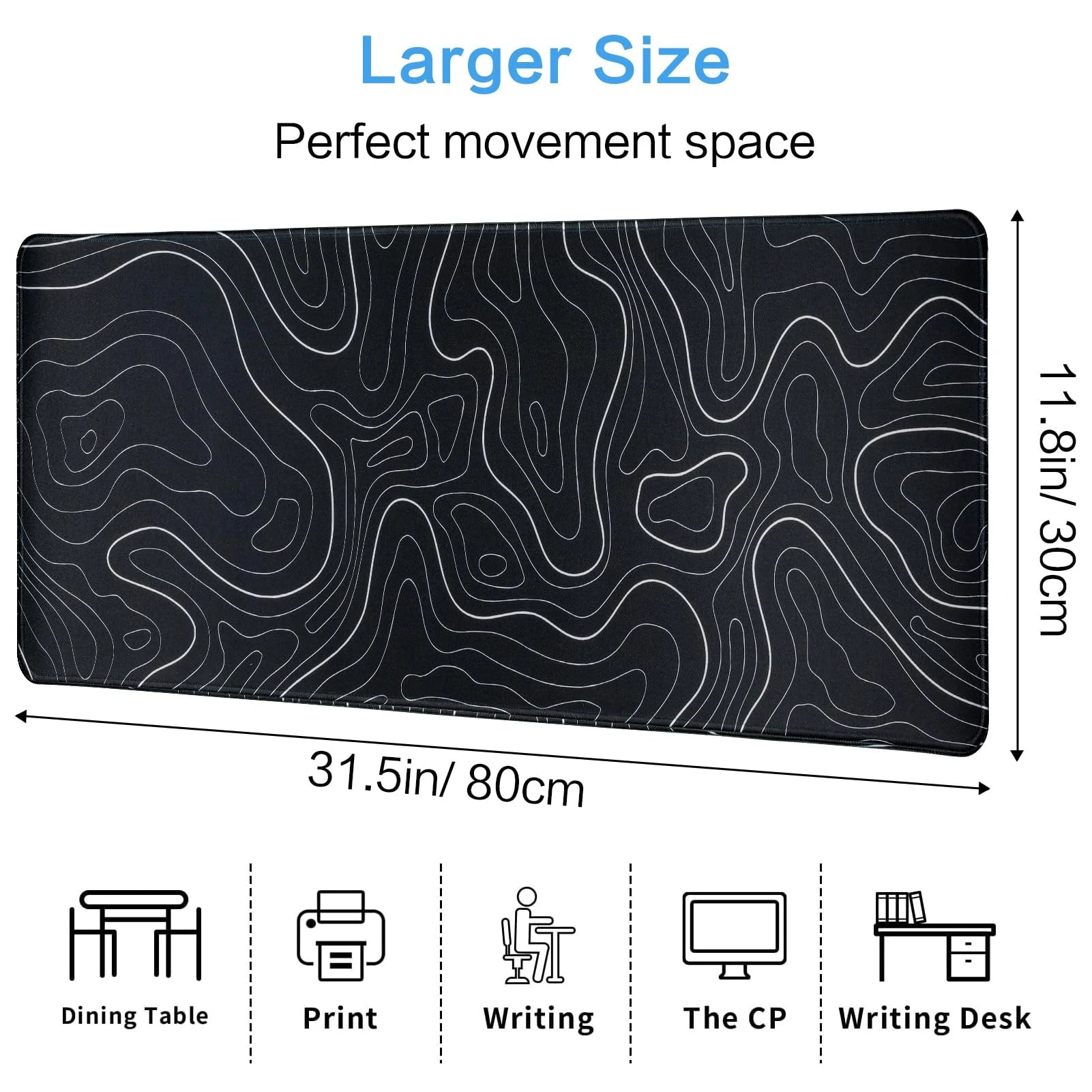 Gaming Mouse Pad - Large Size Topographic Keyboard Mousepad for Non-Slip Base and Stitched Edge, Extended Desk Pad XL Des