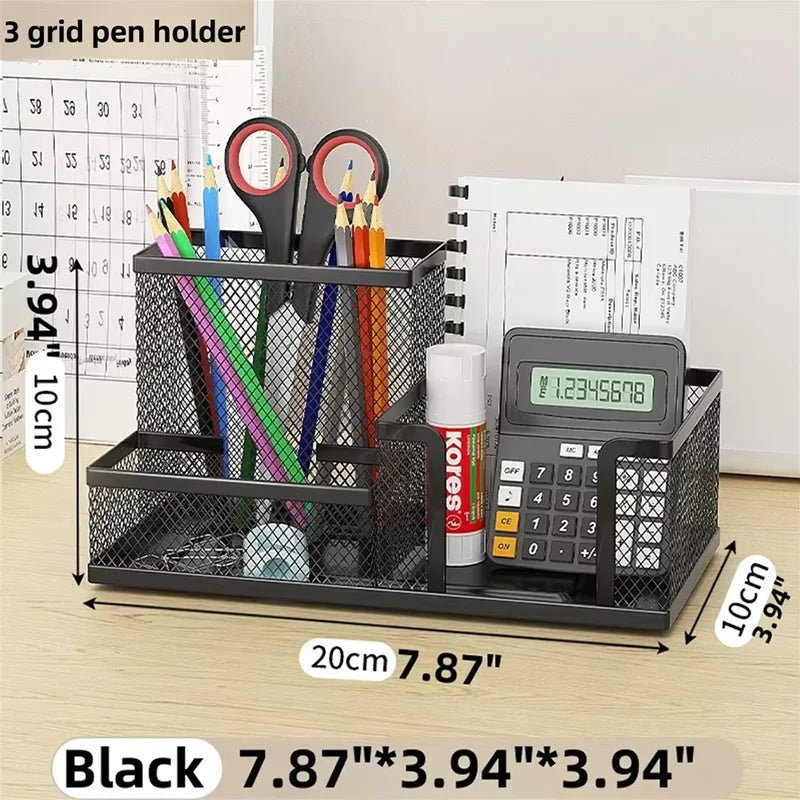 Mesh Desk Organizer Office Supplies Caddy with Pencil Holder and Storage Baskets for Desktop Accessories, 3 Compartments, Black
