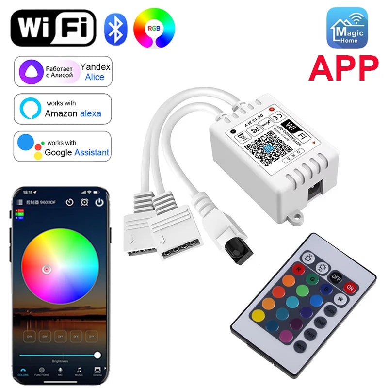 WiFi Smart APP RGB LED controller with 24key IR remote Voice Smartphone APP Control DC12V For 2835 5050 RGB LED strip light